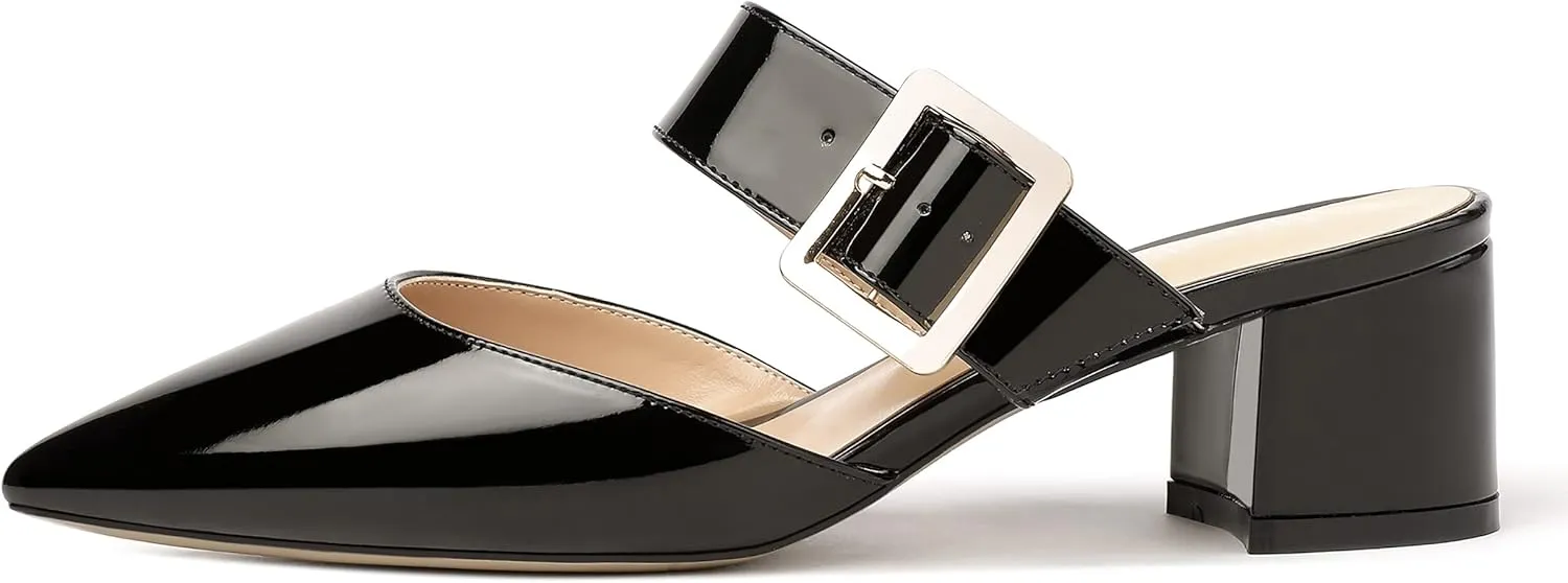 MODENCOCO Women's Adjustable Strap Buckle Patent Solid Pointed Toe Chunky Low Heel Mules Evening Dress Pumps Shoes 2 Inch
