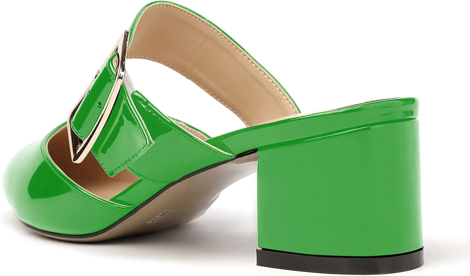 MODENCOCO Women's Adjustable Strap Buckle Patent Solid Pointed Toe Chunky Low Heel Mules Evening Dress Pumps Shoes 2 Inch