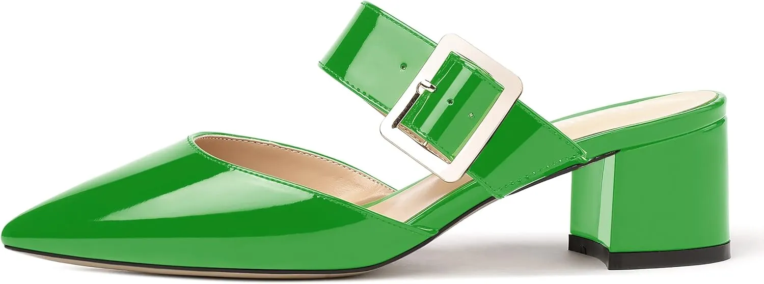 MODENCOCO Women's Adjustable Strap Buckle Patent Solid Pointed Toe Chunky Low Heel Mules Evening Dress Pumps Shoes 2 Inch