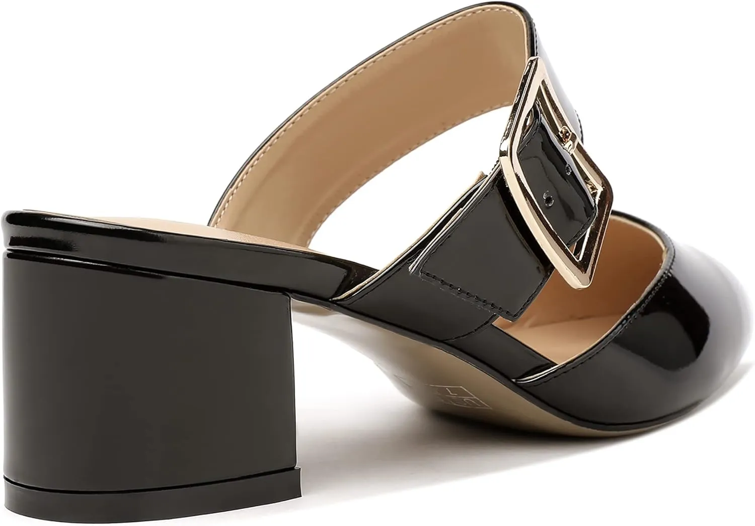 MODENCOCO Women's Adjustable Strap Buckle Patent Solid Pointed Toe Chunky Low Heel Mules Evening Dress Pumps Shoes 2 Inch