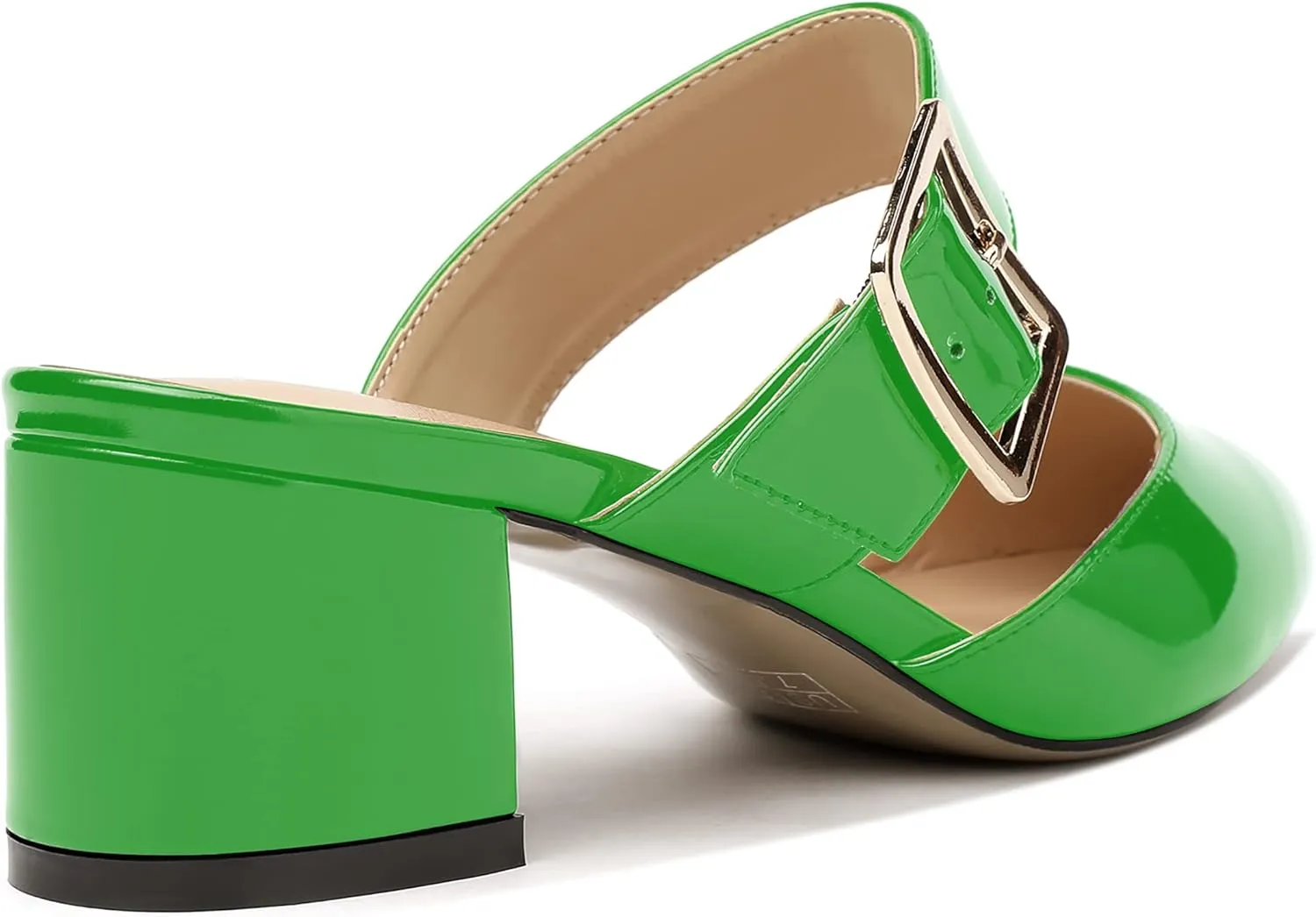 MODENCOCO Women's Adjustable Strap Buckle Patent Solid Pointed Toe Chunky Low Heel Mules Evening Dress Pumps Shoes 2 Inch