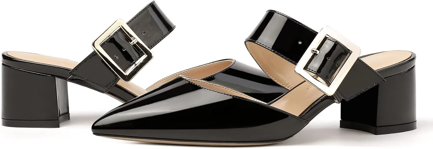 MODENCOCO Women's Adjustable Strap Buckle Patent Solid Pointed Toe Chunky Low Heel Mules Evening Dress Pumps Shoes 2 Inch
