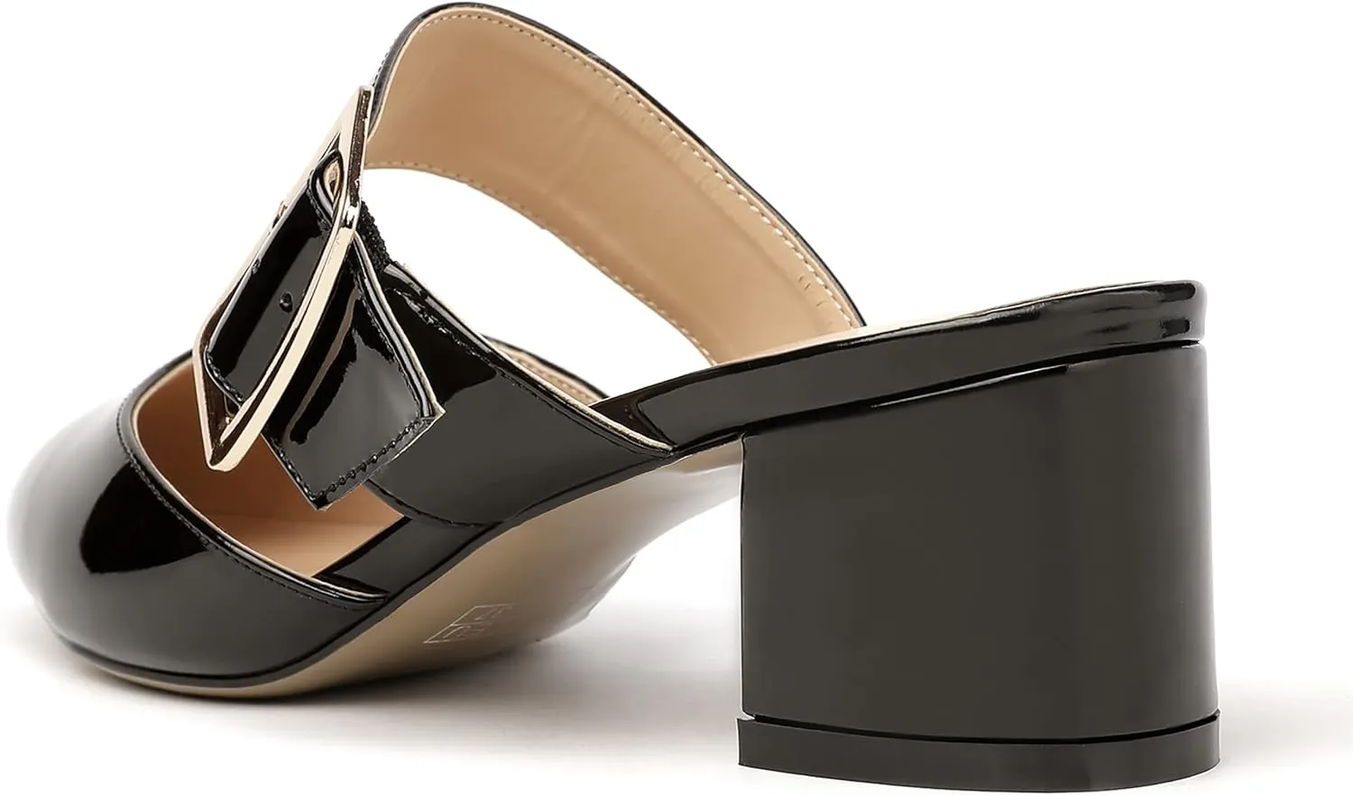 MODENCOCO Women's Adjustable Strap Buckle Patent Solid Pointed Toe Chunky Low Heel Mules Evening Dress Pumps Shoes 2 Inch