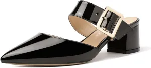 MODENCOCO Women's Adjustable Strap Buckle Patent Solid Pointed Toe Chunky Low Heel Mules Evening Dress Pumps Shoes 2 Inch