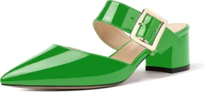 MODENCOCO Women's Adjustable Strap Buckle Patent Solid Pointed Toe Chunky Low Heel Mules Evening Dress Pumps Shoes 2 Inch
