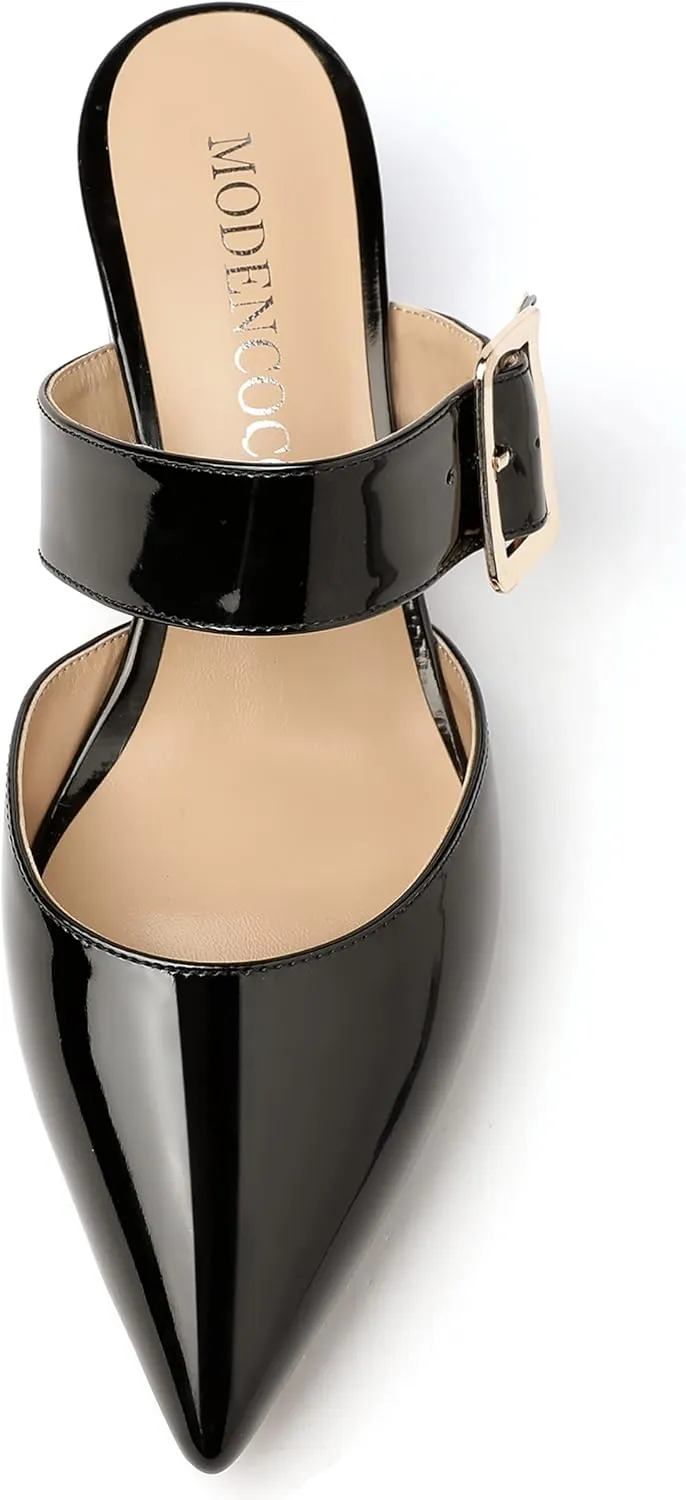 MODENCOCO Women's Adjustable Strap Buckle Patent Solid Pointed Toe Chunky Low Heel Mules Evening Dress Pumps Shoes 2 Inch