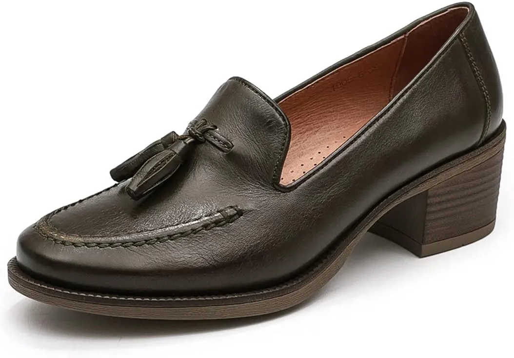Mona flying Women's Vintage Leather Chunky Mid Heel Oxfords Brogues Dress Pumps Perforated Round Toe Shoes