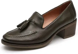 Mona flying Women's Vintage Leather Chunky Mid Heel Oxfords Brogues Dress Pumps Perforated Round Toe Shoes