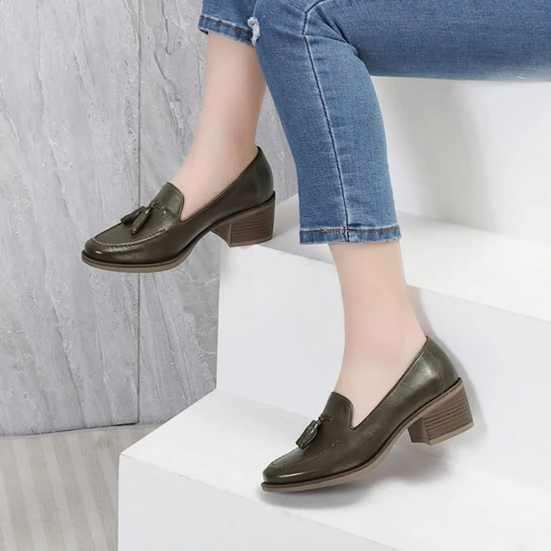 Mona flying Women's Vintage Leather Chunky Mid Heel Oxfords Brogues Dress Pumps Perforated Round Toe Shoes