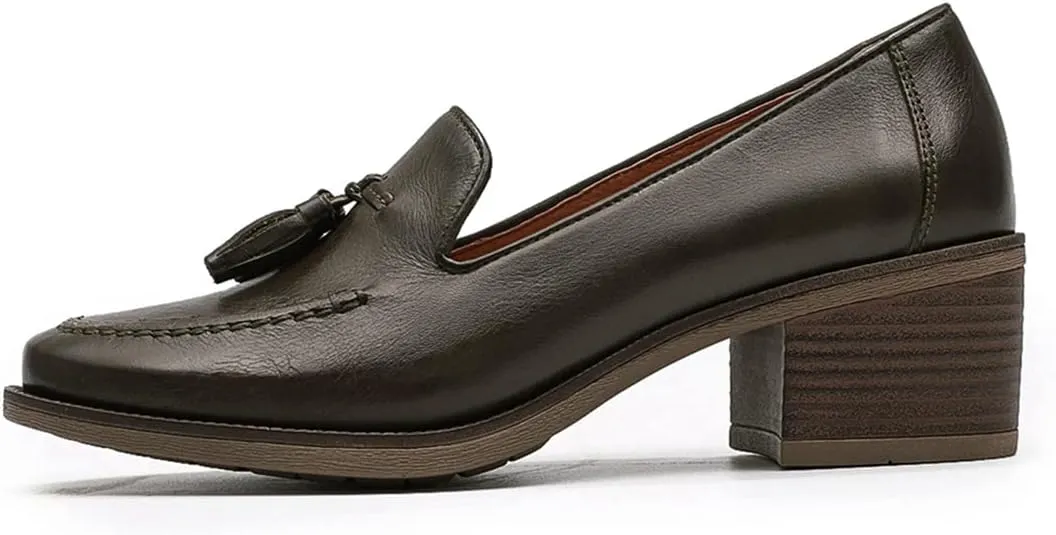 Mona flying Women's Vintage Leather Chunky Mid Heel Oxfords Brogues Dress Pumps Perforated Round Toe Shoes