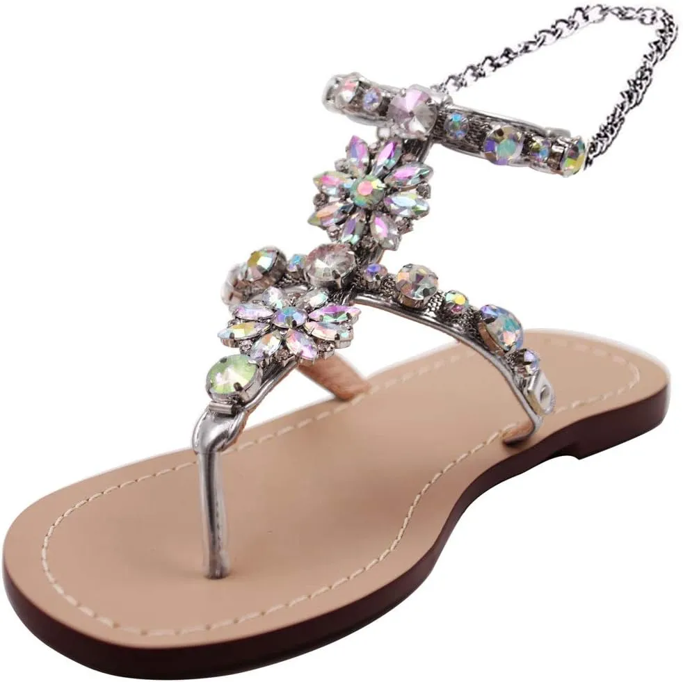 Monrovia Women's Crystal with Rhinestone Bohemia Flip Flops Summer Beach Flat Sandals