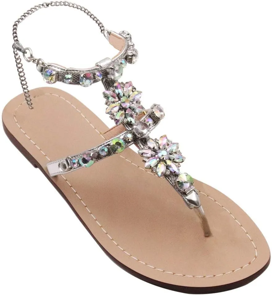 Monrovia Women's Crystal with Rhinestone Bohemia Flip Flops Summer Beach Flat Sandals