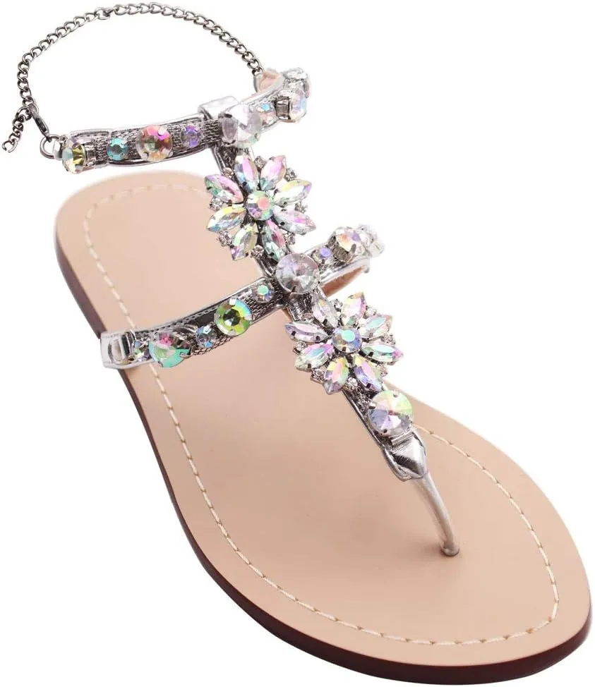 Monrovia Women's Crystal with Rhinestone Bohemia Flip Flops Summer Beach Flat Sandals