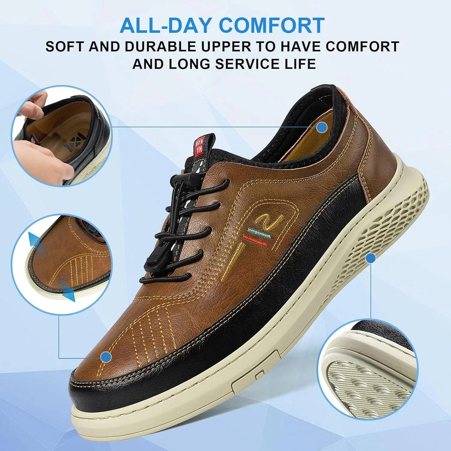 Moodeng Mens Dress Shoes Leather Causal Oxfords Lightweight Formal Business Shoes Adjustable Lacing Derby Shoes Comfortable Walking Loafers