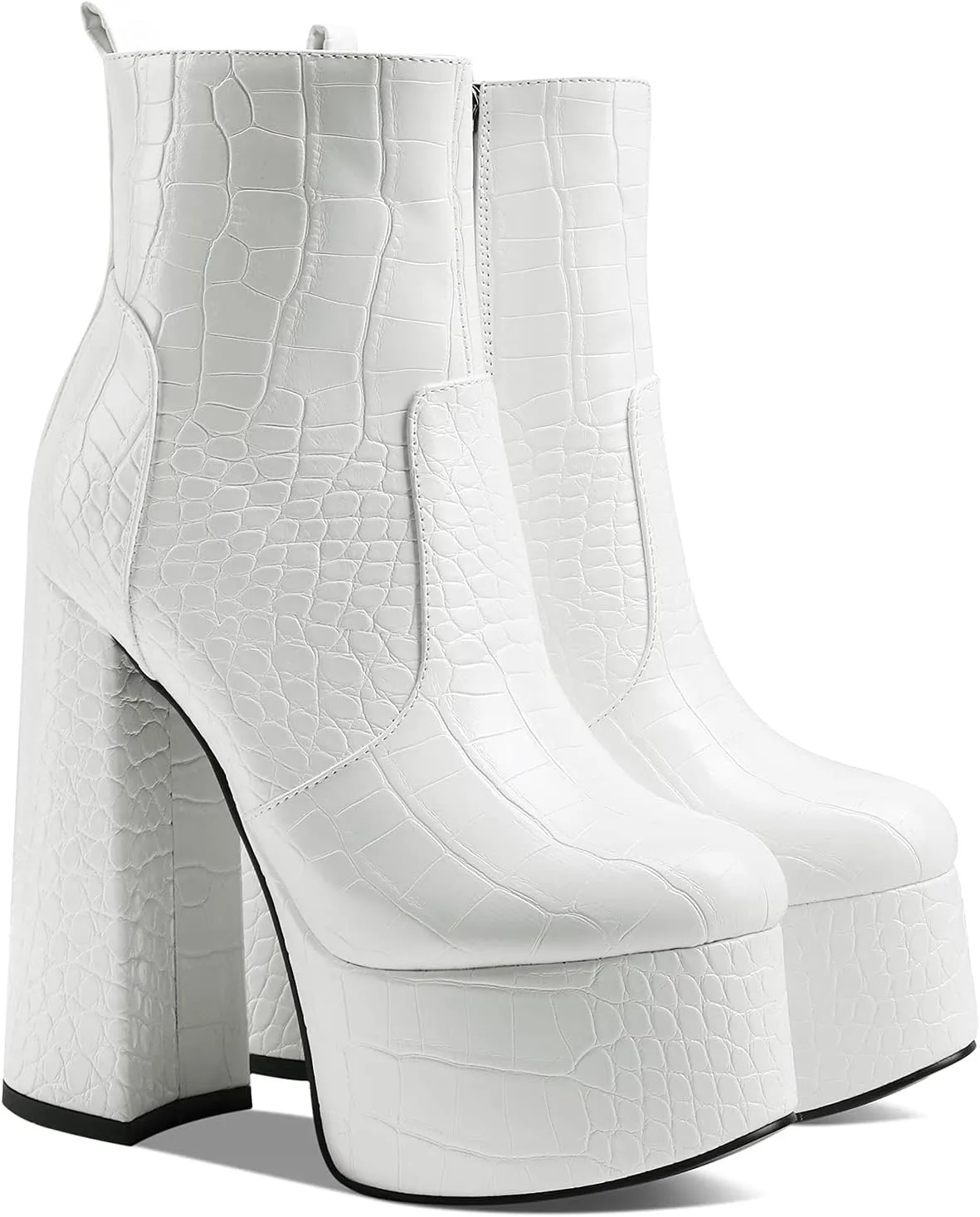 MOOMMO Platform Boots Ankle High Chunky Heel for Women Crocodile Round Toe Stretchy Leather Chelsea Boots Side Zipper Animal Print Combat Booties Sexy Office Party Wedding Prom 4-11 M US