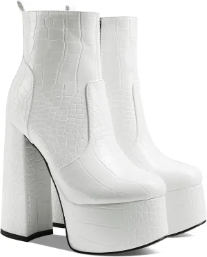 MOOMMO Platform Boots Ankle High Chunky Heel for Women Crocodile Round Toe Stretchy Leather Chelsea Boots Side Zipper Animal Print Combat Booties Sexy Office Party Wedding Prom 4-11 M US