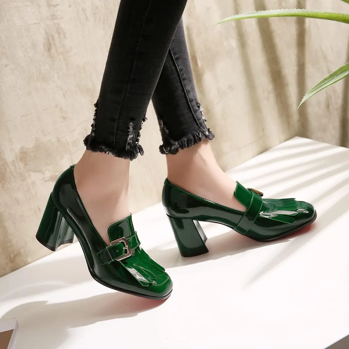 MOOMMO Women Chunky Block Heel Loafers Pumps Square Closed Toe Slip On Dress Shoes Patent Leather Oxford Loafer Shoes Fringe Buckle Tassel Wingtip Office Work Shoe Business Professional 4-11 M US