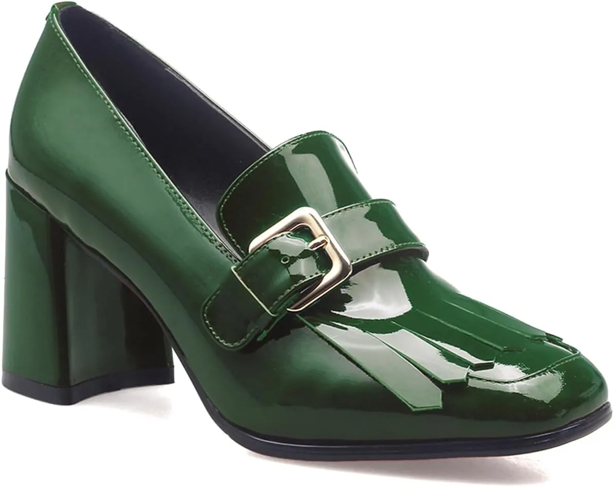 MOOMMO Women Chunky Block Heel Loafers Pumps Square Closed Toe Slip On Dress Shoes Patent Leather Oxford Loafer Shoes Fringe Buckle Tassel Wingtip Office Work Shoe Business Professional 4-11 M US