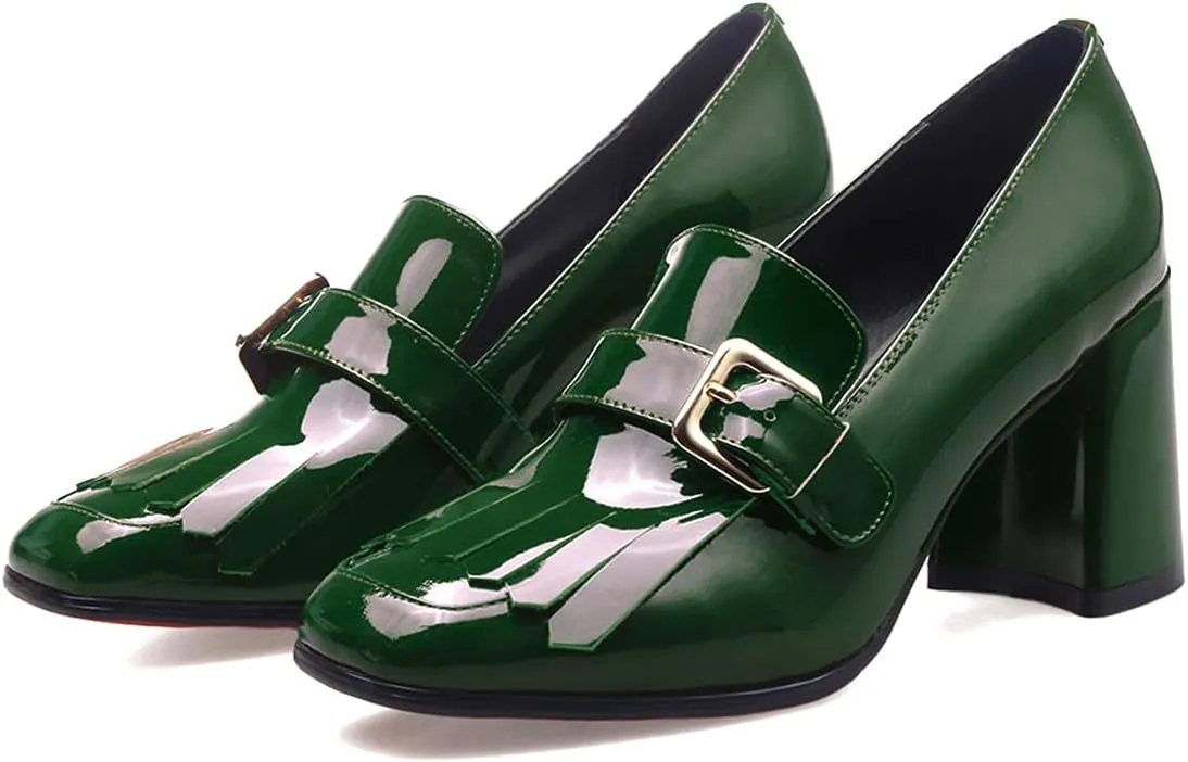 MOOMMO Women Chunky Block Heel Loafers Pumps Square Closed Toe Slip On Dress Shoes Patent Leather Oxford Loafer Shoes Fringe Buckle Tassel Wingtip Office Work Shoe Business Professional 4-11 M US