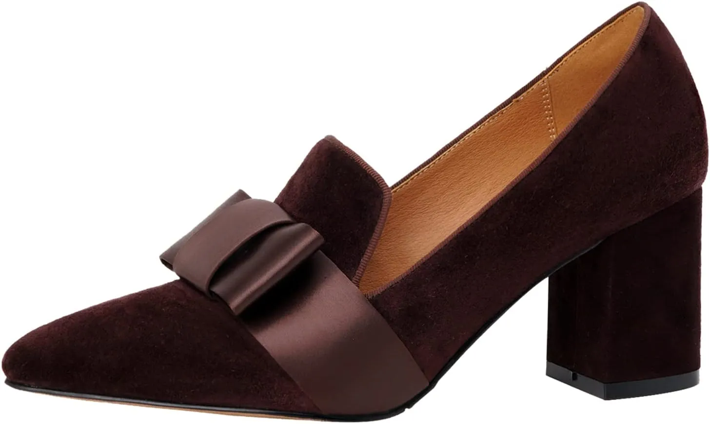 MOOMMO Women Chunky Block High Heel Pumps Bow-Knot Loafer Shoes Pointed Closed Toe Slip On Suede Loafers 3 Inch Heel Satin Bow Bridal Wedding Dance Shoes Comfort Office Work Business Casual 4-11 M US
