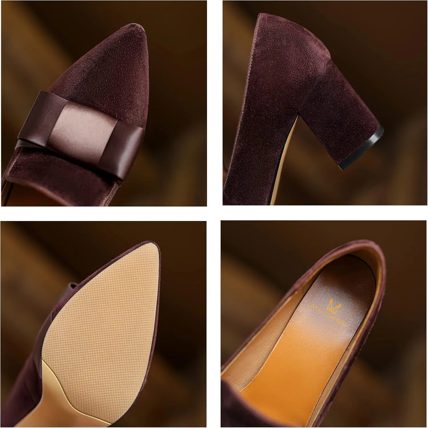 MOOMMO Women Chunky Block High Heel Pumps Bow-Knot Loafer Shoes Pointed Closed Toe Slip On Suede Loafers 3 Inch Heel Satin Bow Bridal Wedding Dance Shoes Comfort Office Work Business Casual 4-11 M US