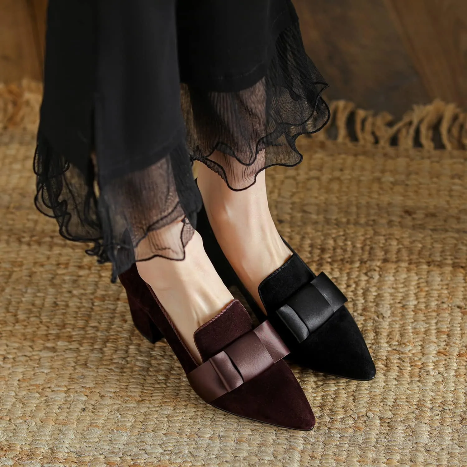 MOOMMO Women Chunky Block High Heel Pumps Bow-Knot Loafer Shoes Pointed Closed Toe Slip On Suede Loafers 3 Inch Heel Satin Bow Bridal Wedding Dance Shoes Comfort Office Work Business Casual 4-11 M US