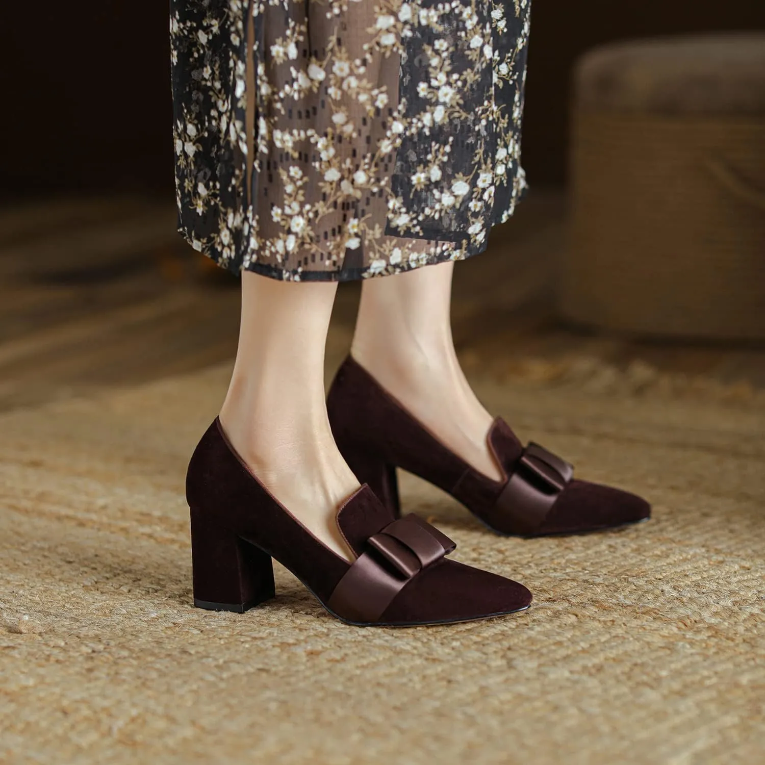 MOOMMO Women Chunky Block High Heel Pumps Bow-Knot Loafer Shoes Pointed Closed Toe Slip On Suede Loafers 3 Inch Heel Satin Bow Bridal Wedding Dance Shoes Comfort Office Work Business Casual 4-11 M US
