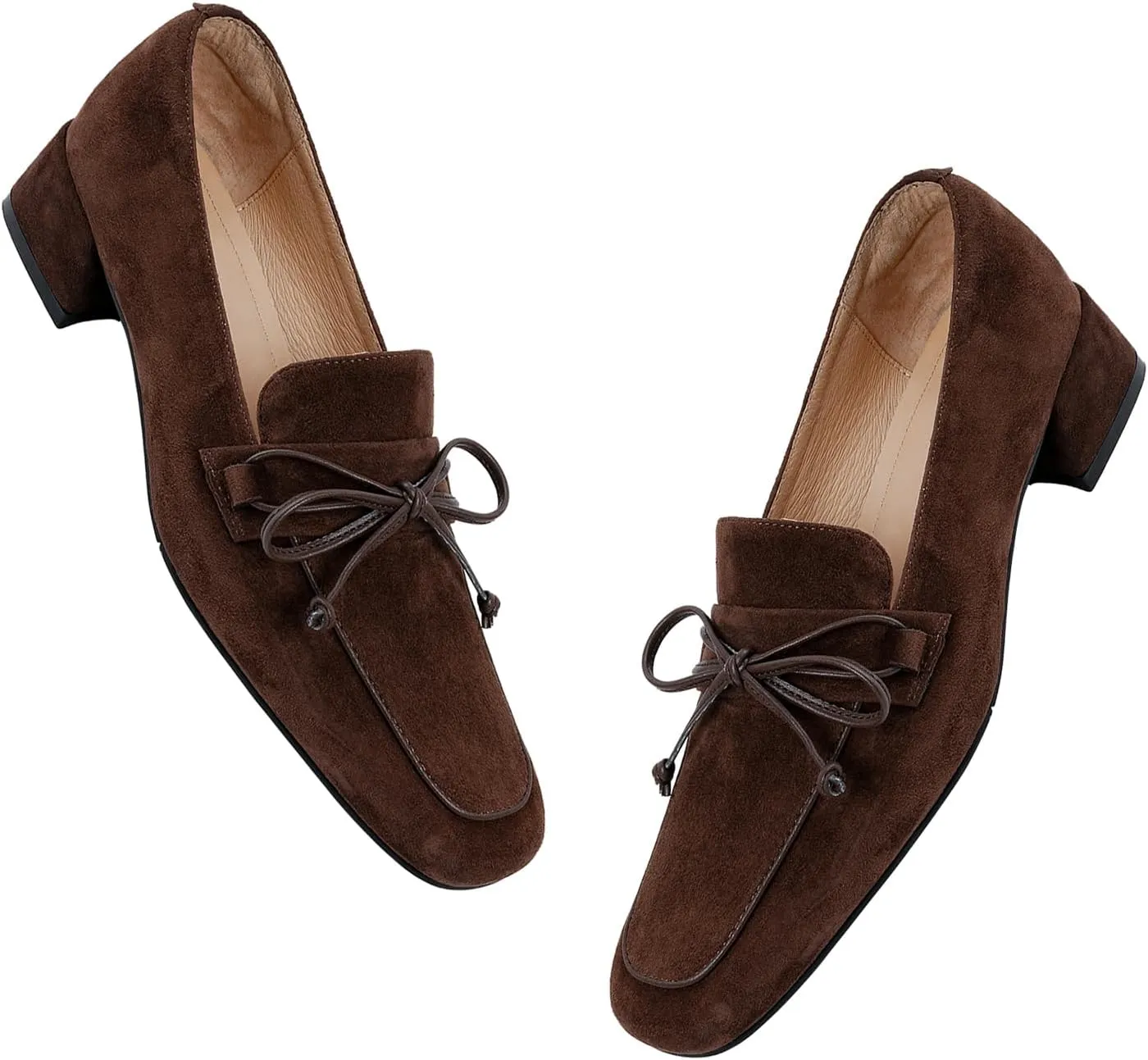 MOOMMO Women Chunky Low Heel Loafers Bow Suede Slip On Closed Square Toe Loafer Shoes Oxfords Comfy 1 Inch Block Heels Dress Shoes Pumps Office Work Pumps Vintage Retro Comfy 4-11 M US