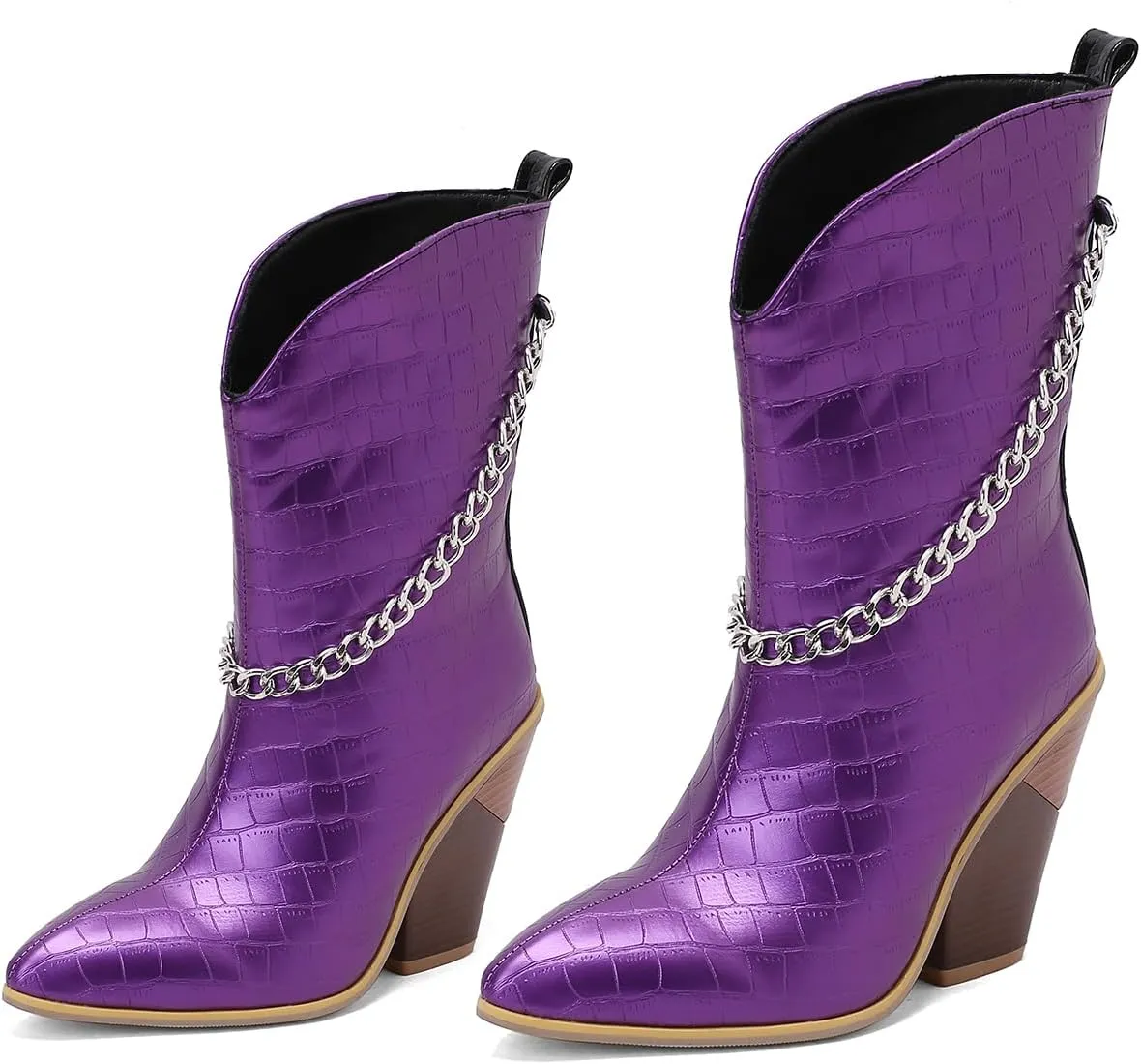 MOOMMO Women Chunky Stacked Heel Western Mid Calf Boots Pointed Toe Pull On Cowboy Cowgirl Boots Metal Chain Snakeskin Crocodile Boots Animal Print V Cut Fashion Fall Booties Party Office 4-15 M US