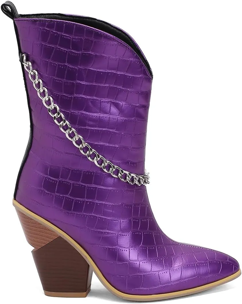 MOOMMO Women Chunky Stacked Heel Western Mid Calf Boots Pointed Toe Pull On Cowboy Cowgirl Boots Metal Chain Snakeskin Crocodile Boots Animal Print V Cut Fashion Fall Booties Party Office 4-15 M US