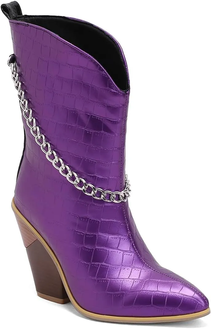 MOOMMO Women Chunky Stacked Heel Western Mid Calf Boots Pointed Toe Pull On Cowboy Cowgirl Boots Metal Chain Snakeskin Crocodile Boots Animal Print V Cut Fashion Fall Booties Party Office 4-15 M US