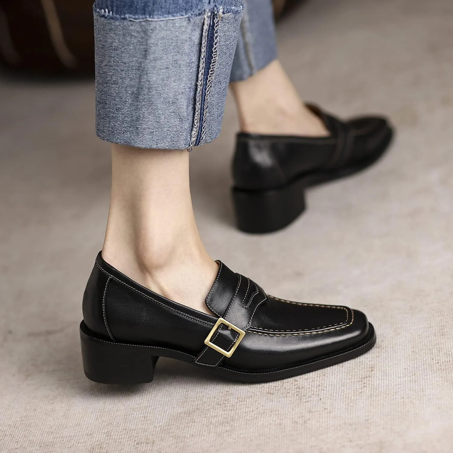 MOOMMO Women Classic Penny Loafers Closed Square Toe Patent Low Heel Loafers Slip On Metal Buckle 2" Chunky Heel Comfy Office Lady Vintage Dress Loafer Shoes Size 4-9 M US