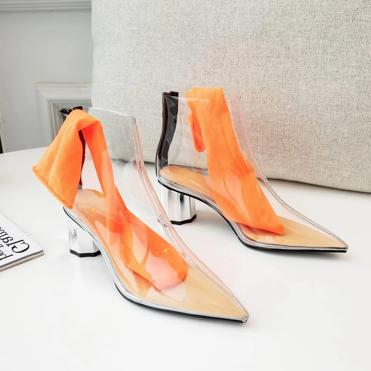 MOOMMO Women Clear Chunky Heel Ankle Boots Pointed toe Rhinestone Metal Block Heel PVC Transparent Booties Open Peep Toe Zipper Summer Dress Boots Fashion Party Wedding Office Dance Shoes 4-10 M US