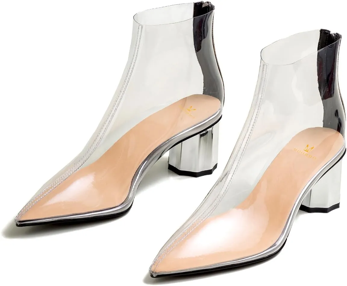 MOOMMO Women Clear Chunky Heel Ankle Boots Pointed toe Rhinestone Metal Block Heel PVC Transparent Booties Open Peep Toe Zipper Summer Dress Boots Fashion Party Wedding Office Dance Shoes 4-10 M US