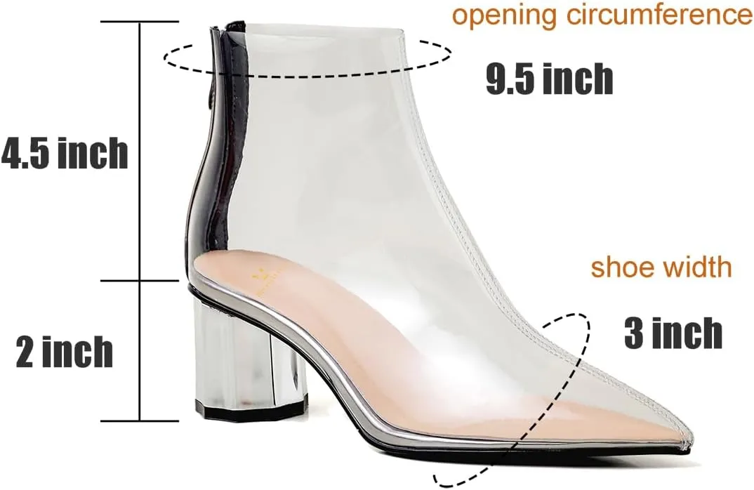 MOOMMO Women Clear Chunky Heel Ankle Boots Pointed toe Rhinestone Metal Block Heel PVC Transparent Booties Open Peep Toe Zipper Summer Dress Boots Fashion Party Wedding Office Dance Shoes 4-10 M US