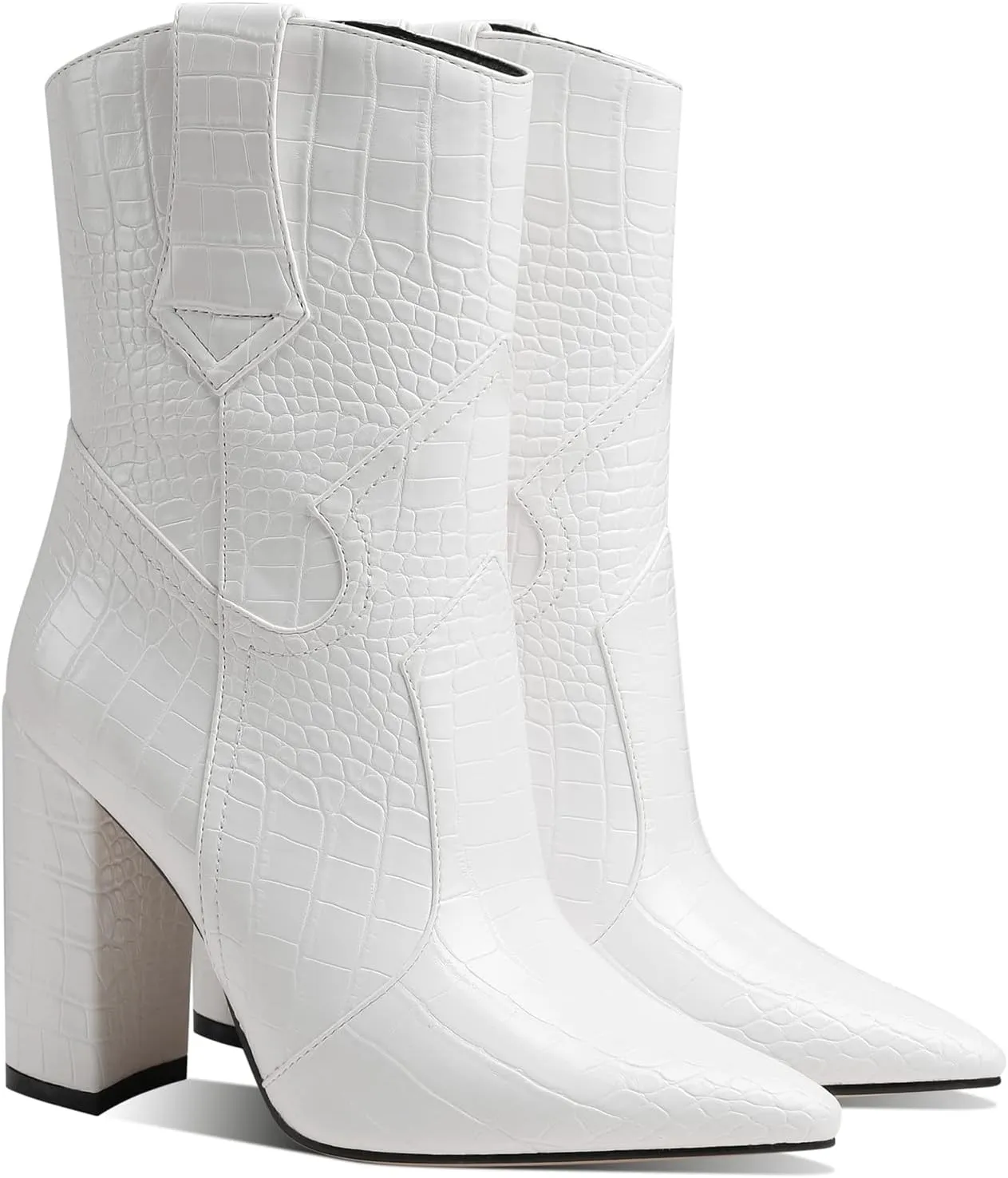 MOOMMO Women High Block Heel Mid Calf Western Booties Pointed Toe Cowboy Booties Crocodile Cowgirl Ankle Boots Pull On Matte Leather 3 Inch Chunky Heel Stone Pattern Vintage Dress Booties Shoes 4-11 M US