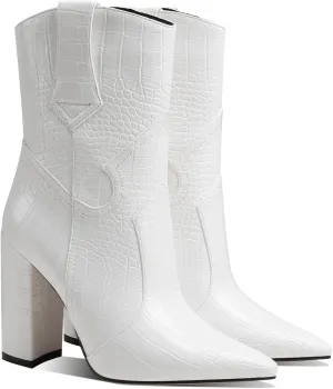 MOOMMO Women High Block Heel Mid Calf Western Booties Pointed Toe Cowboy Booties Crocodile Cowgirl Ankle Boots Pull On Matte Leather 3 Inch Chunky Heel Stone Pattern Vintage Dress Booties Shoes 4-11 M US