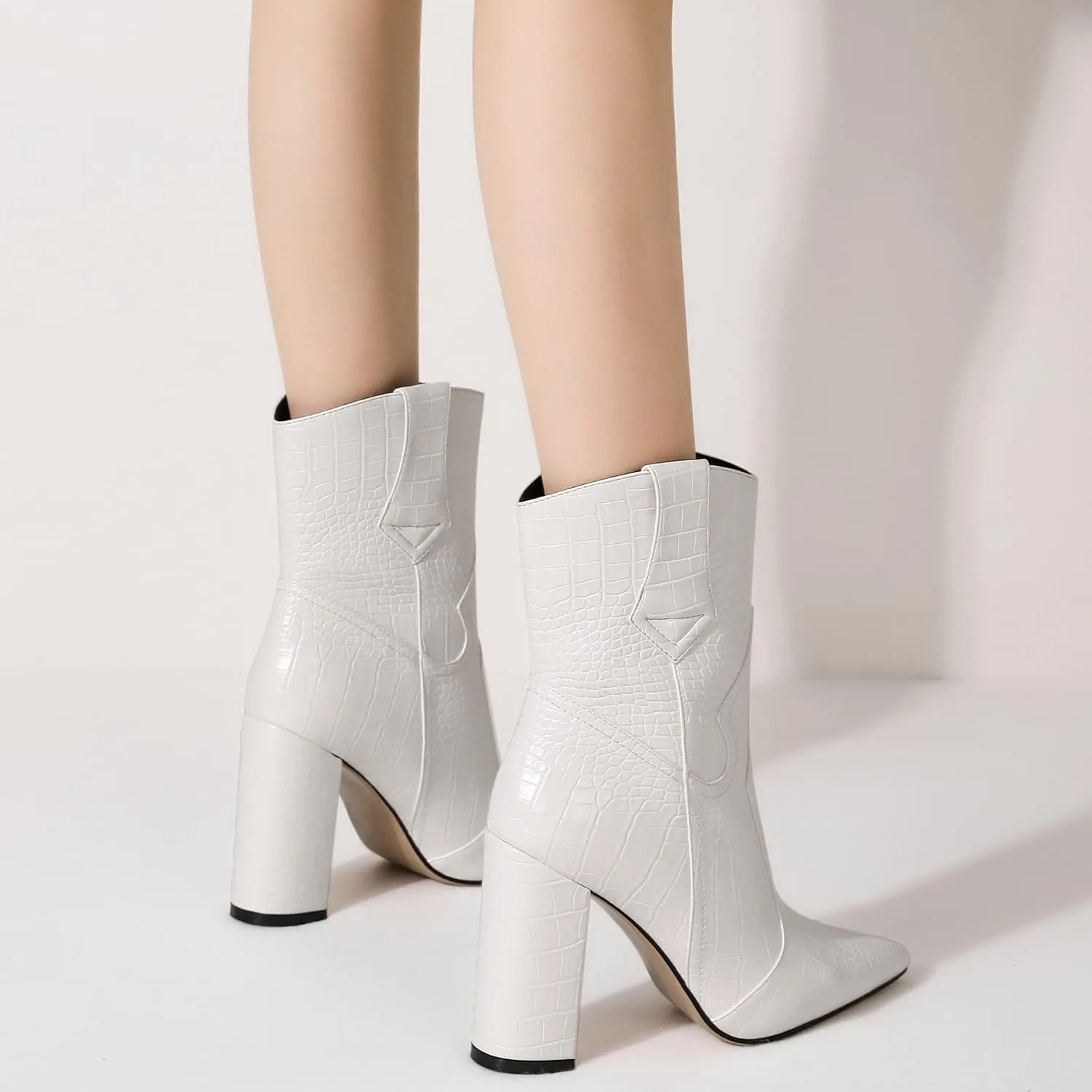 MOOMMO Women High Block Heel Mid Calf Western Booties Pointed Toe Cowboy Booties Crocodile Cowgirl Ankle Boots Pull On Matte Leather 3 Inch Chunky Heel Stone Pattern Vintage Dress Booties Shoes 4-11 M US