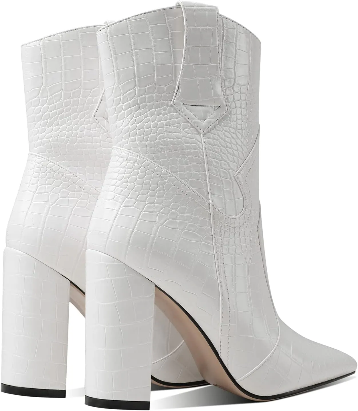 MOOMMO Women High Block Heel Mid Calf Western Booties Pointed Toe Cowboy Booties Crocodile Cowgirl Ankle Boots Pull On Matte Leather 3 Inch Chunky Heel Stone Pattern Vintage Dress Booties Shoes 4-11 M US