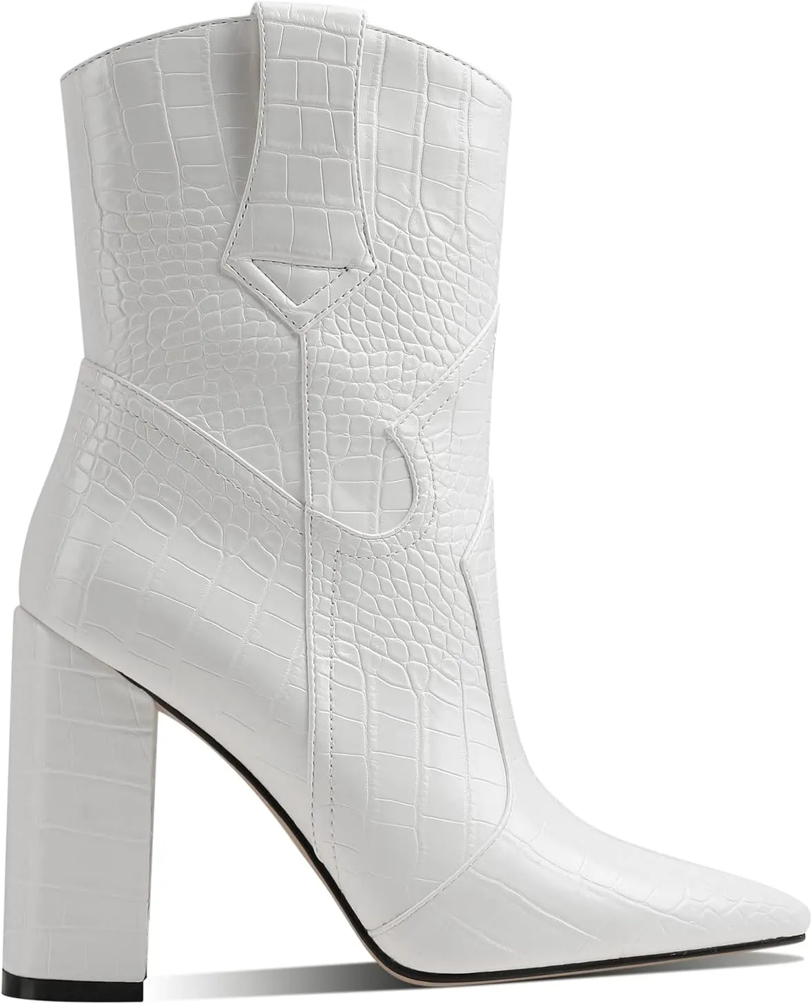 MOOMMO Women High Block Heel Mid Calf Western Booties Pointed Toe Cowboy Booties Crocodile Cowgirl Ankle Boots Pull On Matte Leather 3 Inch Chunky Heel Stone Pattern Vintage Dress Booties Shoes 4-11 M US