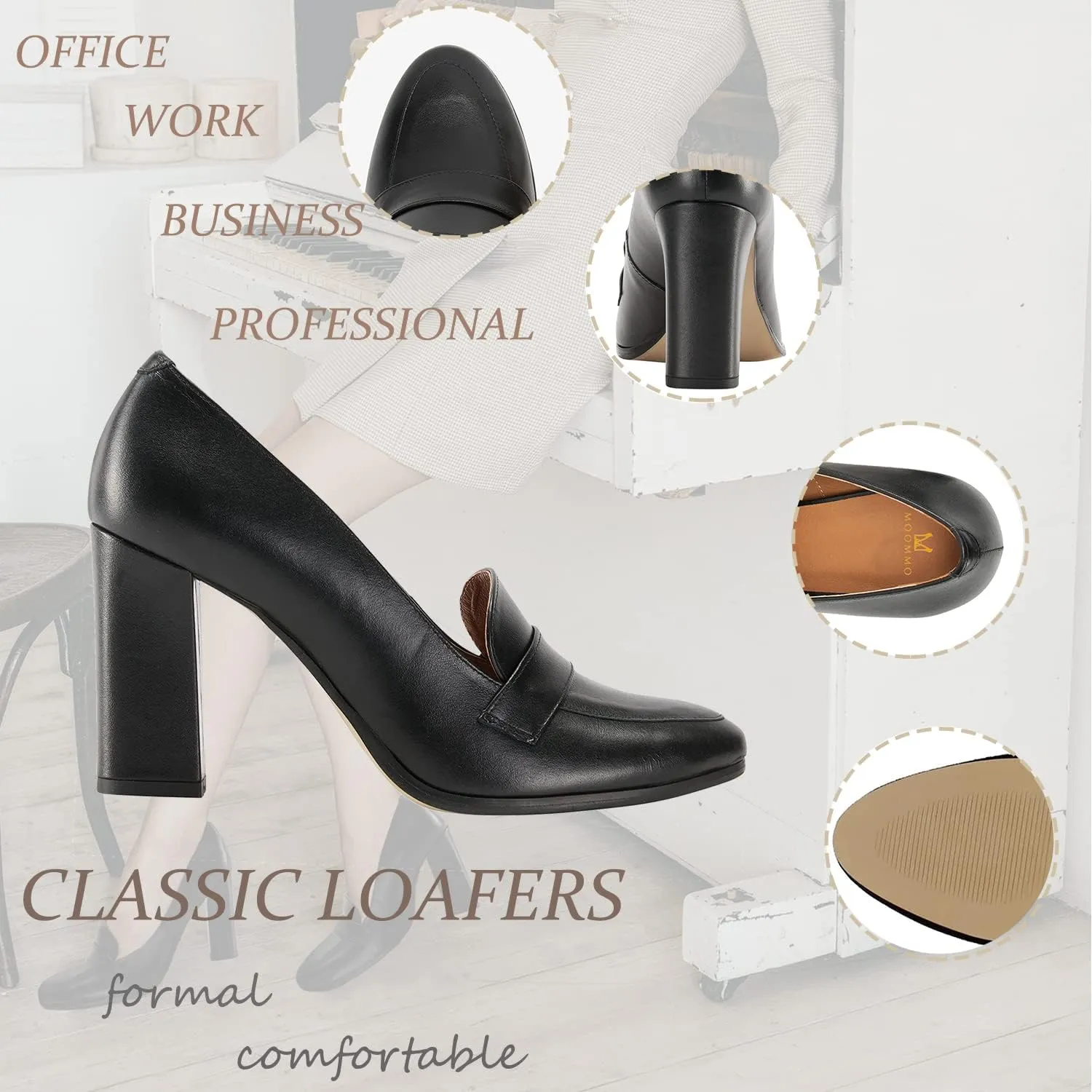 MOOMMO Women's Chunky Block Heel Pumps Round Closed Toe Slip On Oxford Loafers Shoes High Heels Snake Skin Work Pump Suede Loafer for Office Ladies Classic Formal Business Professional 4-13 M US