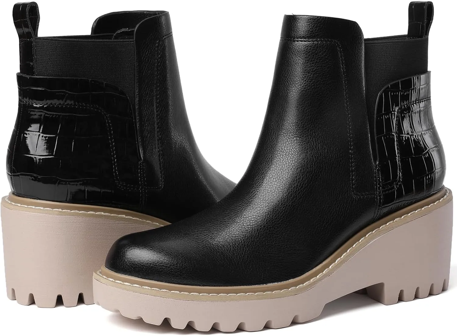 Mostrin Chelsea Boots for Women Platform Ankle Boots Chunky Lug Sole Boots Slip on Elastic Fall Boots Wedges Block Booties