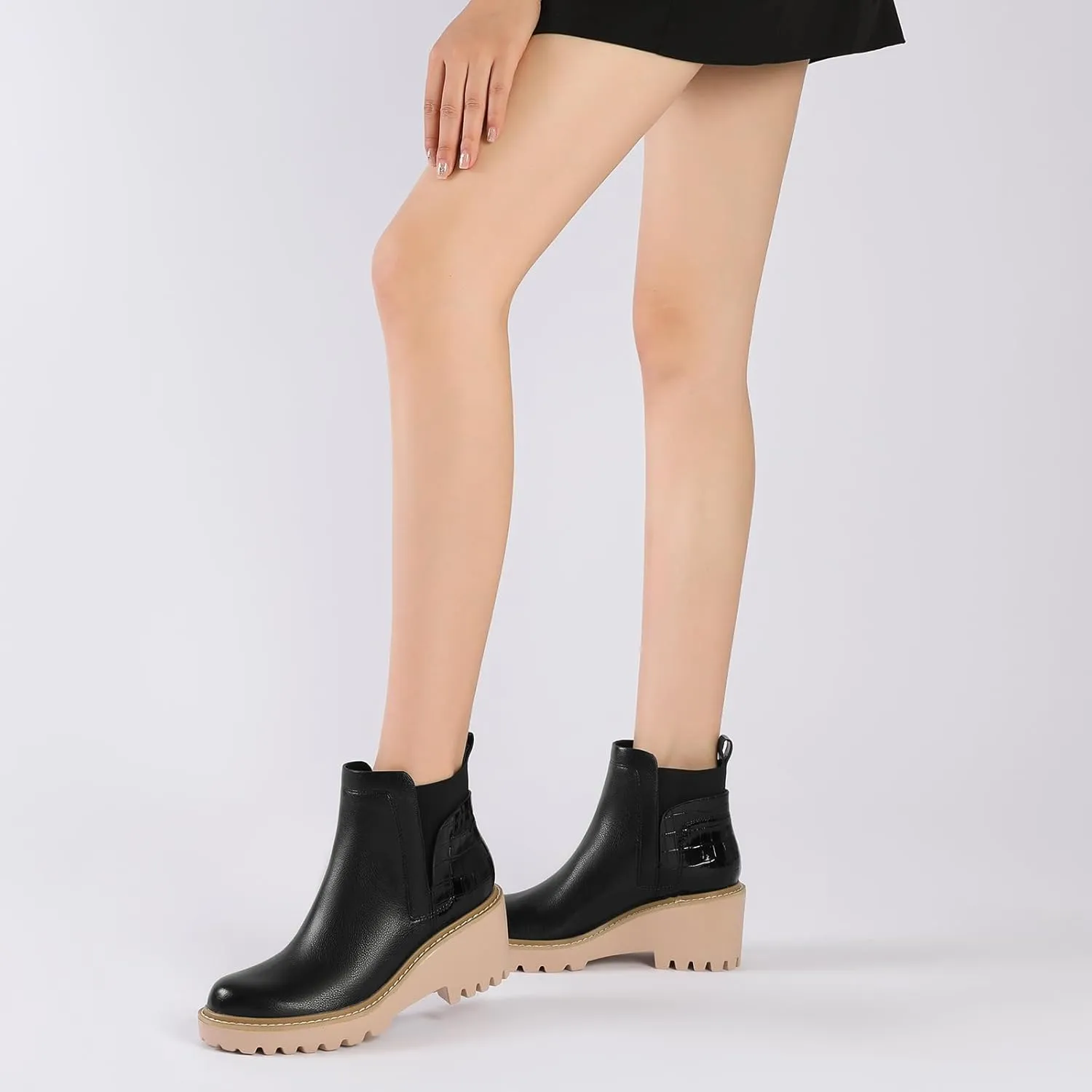 Mostrin Chelsea Boots for Women Platform Ankle Boots Chunky Lug Sole Boots Slip on Elastic Fall Boots Wedges Block Booties
