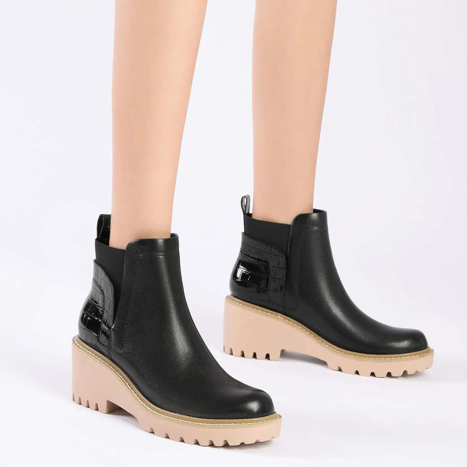 Mostrin Chelsea Boots for Women Platform Ankle Boots Chunky Lug Sole Boots Slip on Elastic Fall Boots Wedges Block Booties