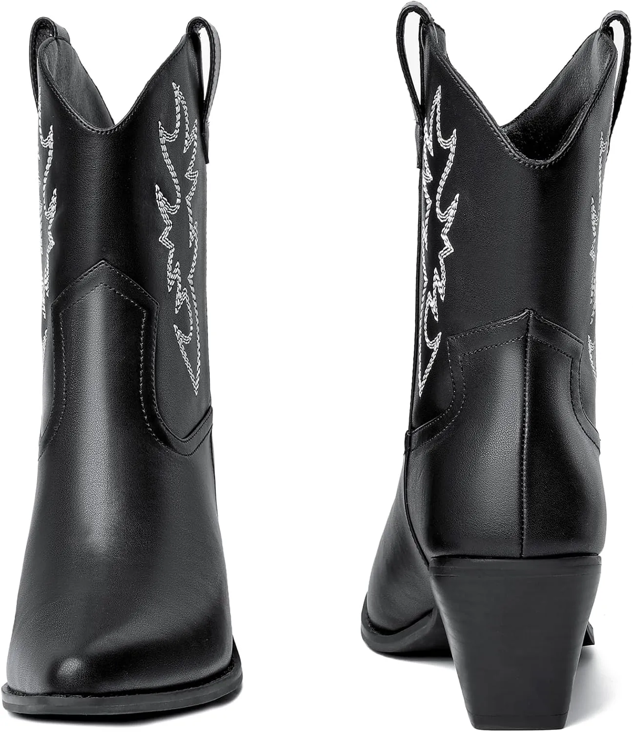 Mostrin Cowgirl Boots for Women Embroidered Cowboy Boots Pointed Toe Ankle Boots Chunky Western Boots Pull-on Mid Calf Booties