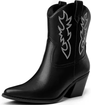 Mostrin Cowgirl Boots for Women Embroidered Cowboy Boots Pointed Toe Ankle Boots Chunky Western Boots Pull-on Mid Calf Booties