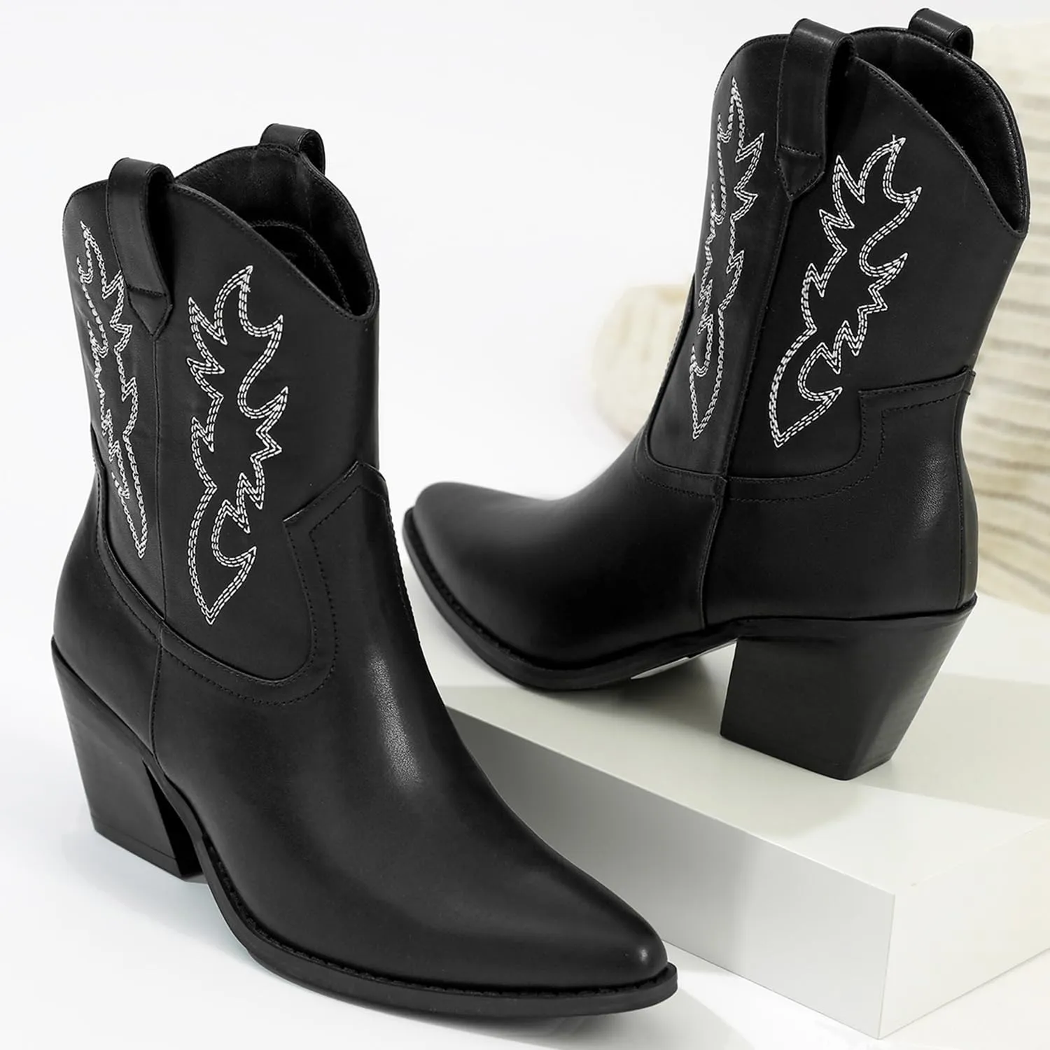 Mostrin Cowgirl Boots for Women Embroidered Cowboy Boots Pointed Toe Ankle Boots Chunky Western Boots Pull-on Mid Calf Booties