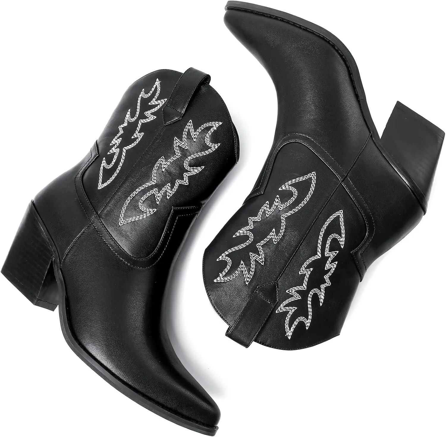 Mostrin Cowgirl Boots for Women Embroidered Cowboy Boots Pointed Toe Ankle Boots Chunky Western Boots Pull-on Mid Calf Booties