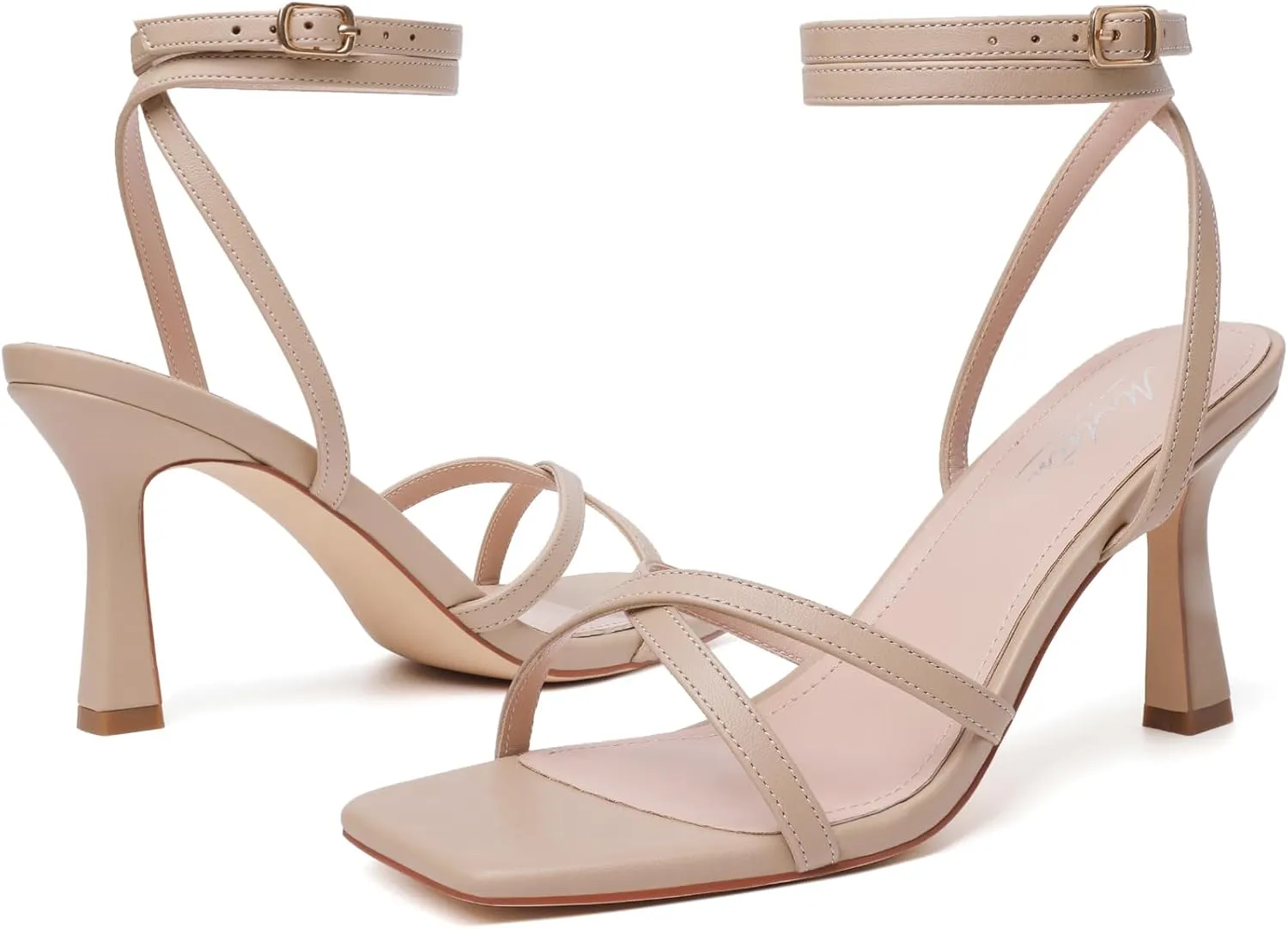 Mostrin Womens Sandals Strappy Heels for Women Ankle Strap Lace Up Heels Square Open Toe Heels Tie Up Stiletto High Heeled Sandals for Prom, Party, Daily Wear
