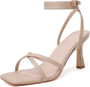 Mostrin Womens Sandals Strappy Heels for Women Ankle Strap Lace Up Heels Square Open Toe Heels Tie Up Stiletto High Heeled Sandals for Prom, Party, Daily Wear